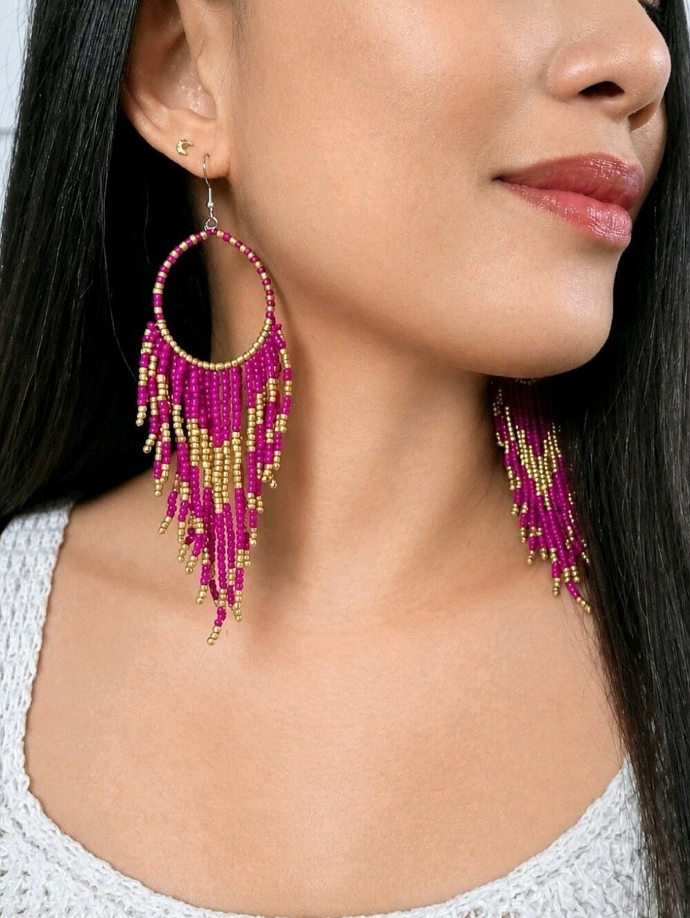 Handmade Jikka Southwestern Boho Fringe Beaded Earrings - Pink Gold